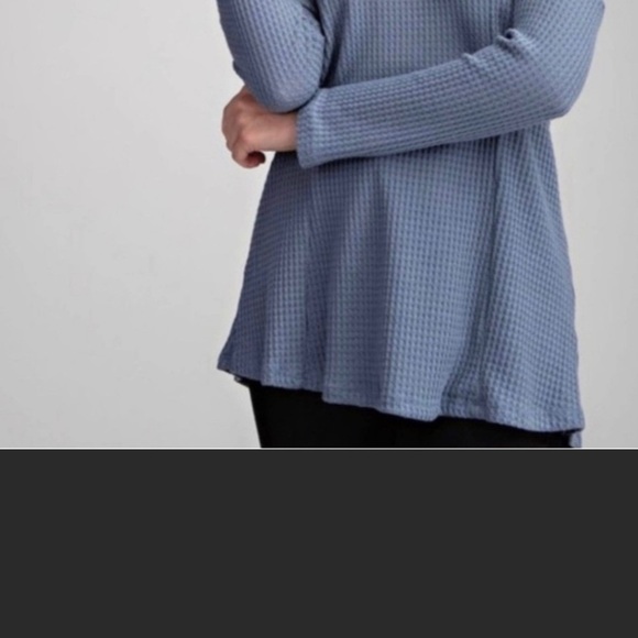 Waffle Knit Off Shoulder Top Blue Denim Sweater - Picture 4 of 8